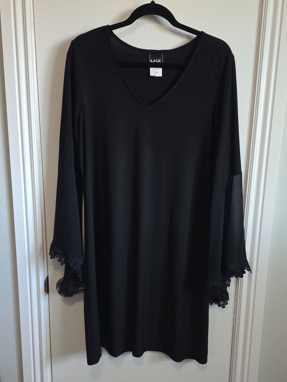 MSK Black V-Neck Bell Sleeve Dress with Lace Trim - Picture 1 of 5